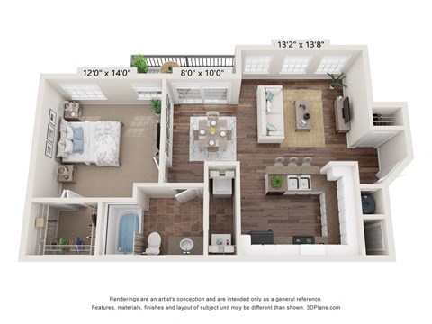 Floor plan for 1 bed, 1 bath, 845 sqft